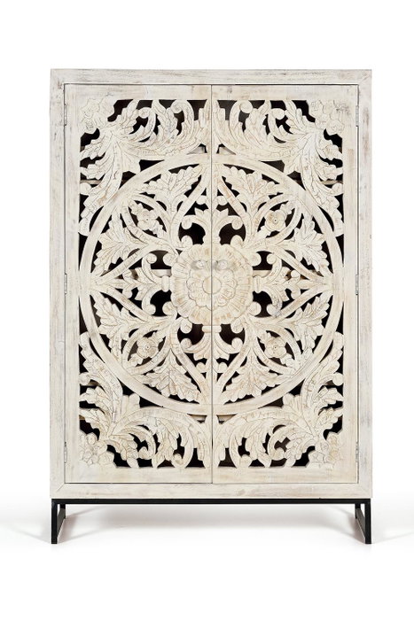 GINER Y COLOMER Vitrina - Buffet 2 portes en bois de manguier massif avec finition blanc vieilli et pieds métal noir, 160 x 110 x 40 cm
